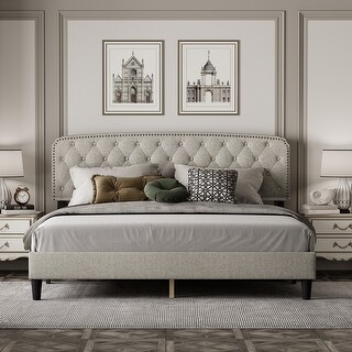 King Size Upholstery Bed with Adjustable Headboard and Button Tufting ...