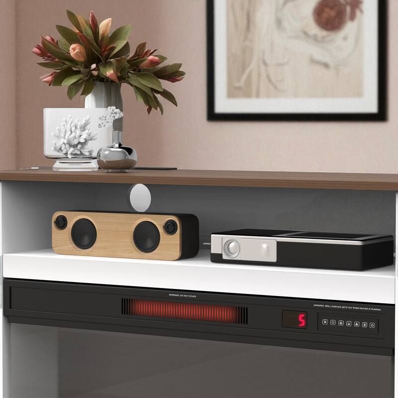 Modern 70 Inch TV Stand with Electric Fireplace, 3-Sided Glass, LED Lights, Storage Cabinets & Drawers, White MDF