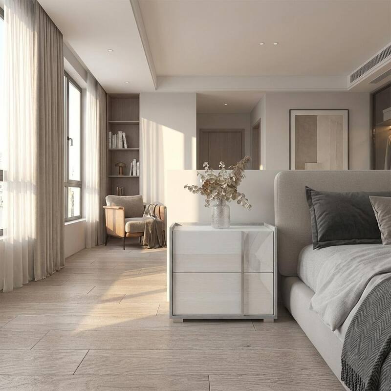 Meble Furniture Sky 25" Modern Nightstand 25.2"W x 15.7"D x 22.4"H High Gloss Fronts Matte Body European Design