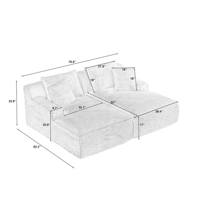 Corduroy Upholstery Cloud Modular Sectional Sofa with Chaise and Pillows, All-Foam Compression Design