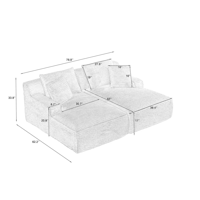 Oversized Corduroy Boneless Double Chaise Lounge, Sectional Deep Seat Cloud Couch, Full-Compressed Loveseat Sleeper Sofa