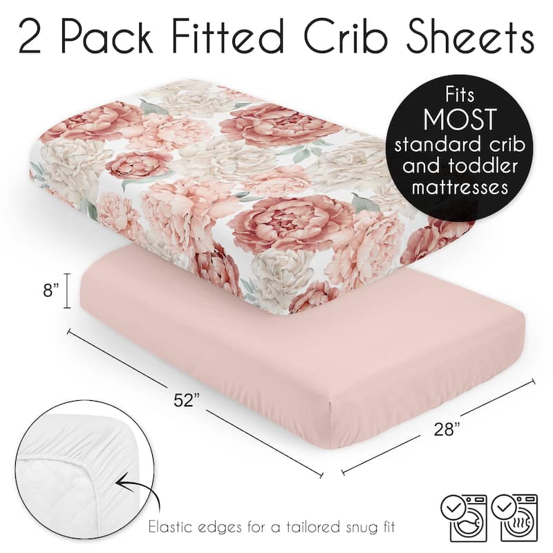Sweet Jojo Designs Boho Shabby Chic Floral Girl 2 Pack Fitted Crib Sheets Solid Pink Ivory Bohemian Vintage Watercolor Nature
