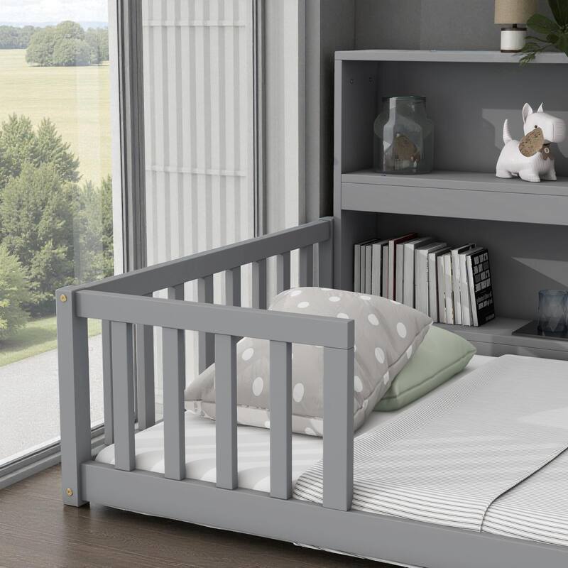 Twin/Full Size Wooden Floor Bed with Bedside Bookcase and Shelves, Low Platform Bed with Guardrails