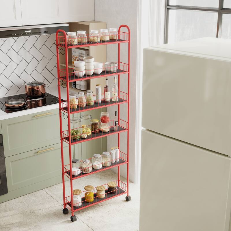 Red 6-Tier Rolling Cart Gap Kitchen Slim Slide Out Storage Tower Rack With Wheels(no include stool)