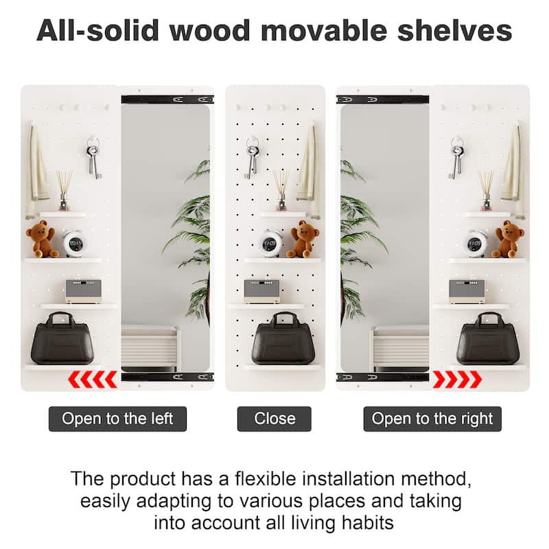 Wall Mounted Full Length Mirror with Shelf and Hook Wall Mounted Mirror with Multifunctional Design Panel(47.6*15.7in)