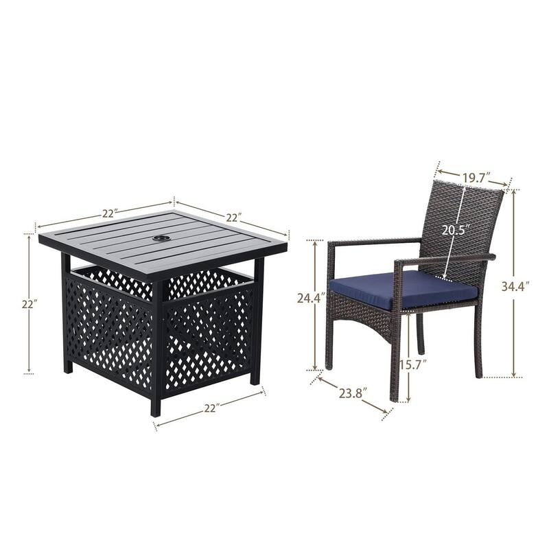 3-piece Patio Bistro Set, Rattan Chairs and Metal Side Table with Umbrella Hole