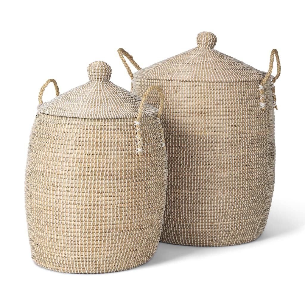 Kairi Light Brown Seagrass Floor Baskets With Lids And Handles (Set of 2) - 20.9L x 20.9W x 29.9H