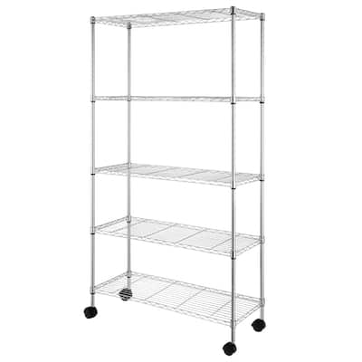 5-Tier Chrome Storage Cart with Smooth Wheels and Mesh Shelves for Home Office and Shop Storage