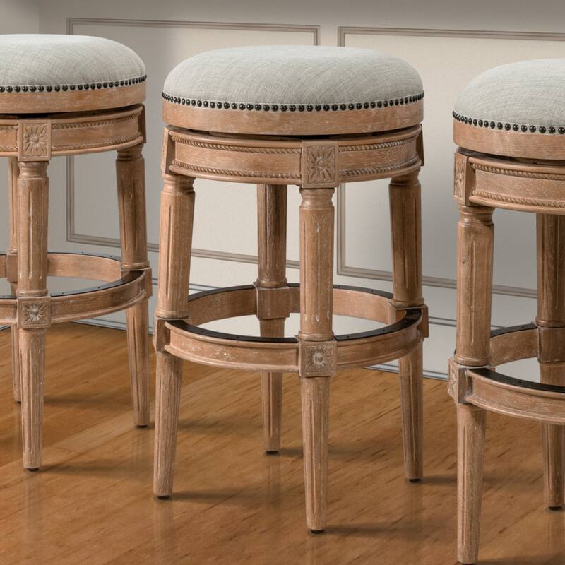 Linen Round Wood Swivel Stool with Nail Head Trim, Backless and Footrest