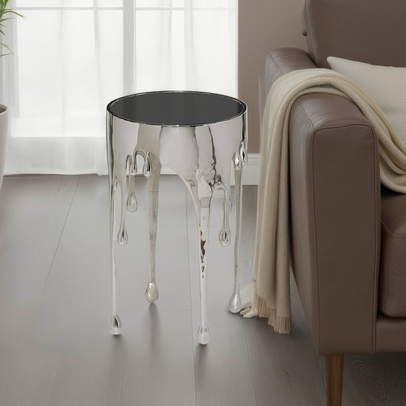 Capri Side End Table, 24.75 Inch Round Glass Top, Melting Drip Design, Silver