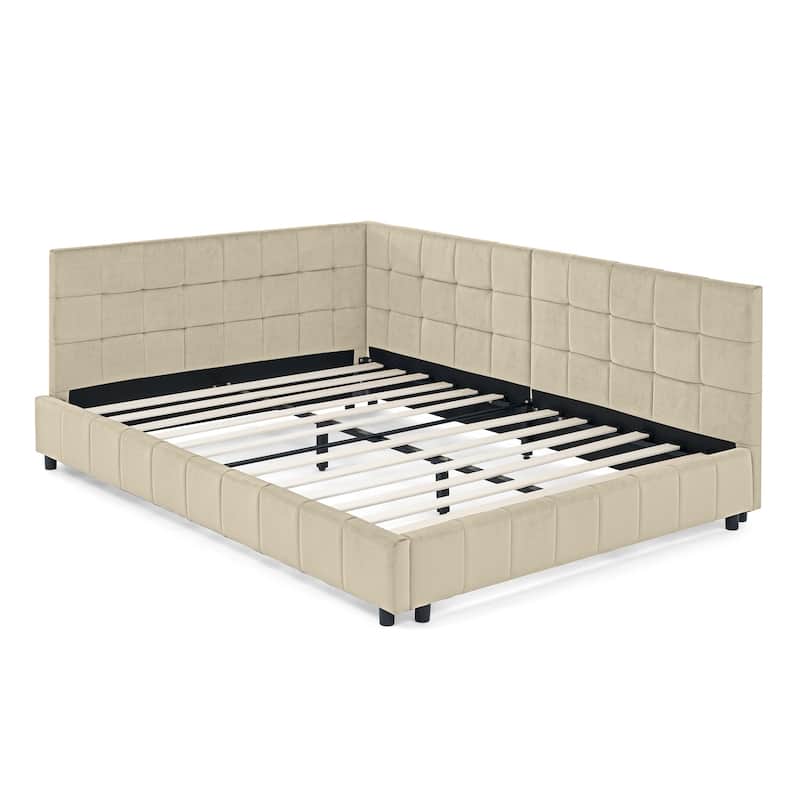 Full Size Upholstered Daybed L-Shaped Corner Bed Frame with Comfortable Backrest and Armrests for Bedroom