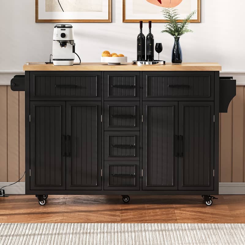 Kitchen Island With Drop Leaf,Power Outlet,With 4 Doors,5 Deep Drawers and Adjustable Shelves - N/A - Black