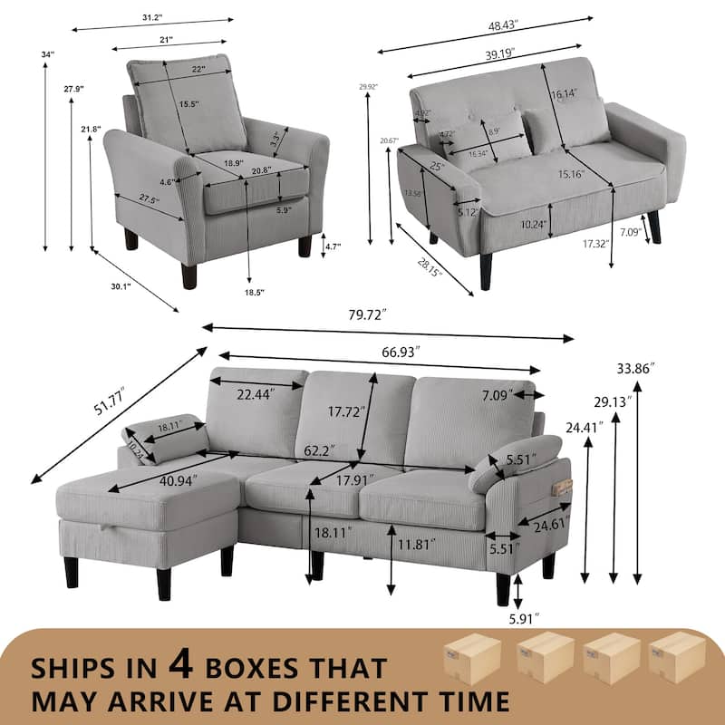 4-Piece Corduroy Living Room Sectional Sofa Set with Loveseat and Chair