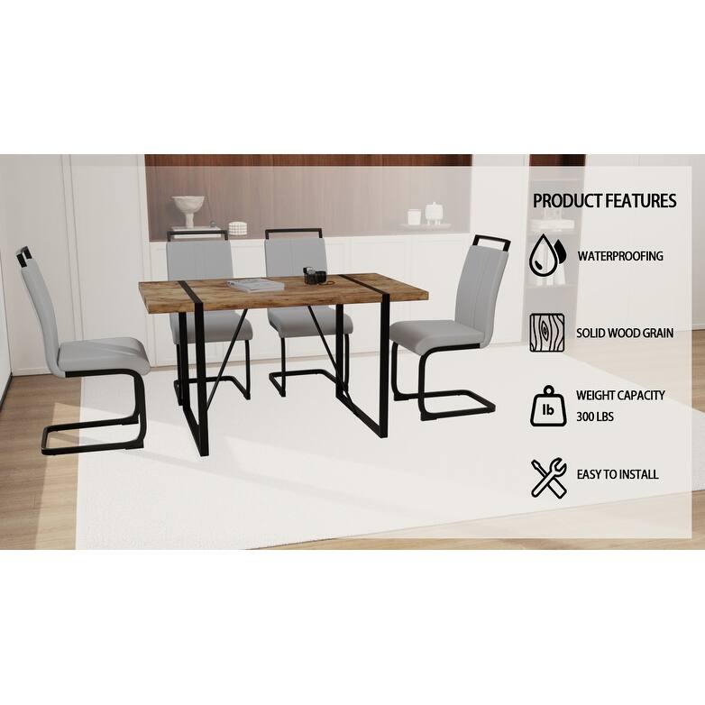 Modern 5-Piece Dining Set with Dark MDF Rectangular Table & 4 High Back Black Metal Legs Chairs