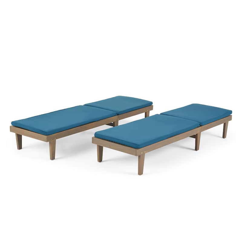 Nadine Outdoor Modern Cushioned Acacia Chaise Lounges (Set of 2) by Christopher Knight Home - Gray Finish + Blue Cushion