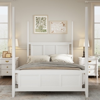 Elegant King Size Four-Poster Solid Wood Bed with Horizontal Slat Detail, Sturdy Pine Construction