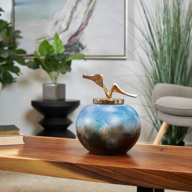 Blue Glass Galaxy Inspired Abstract Decorative Jars with Gold Wave Designed Top - 8.75 x 8.75 x 10.60