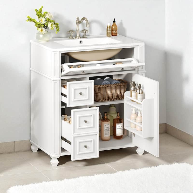 30" Bathroom Vanity with Ceramic Sink Basin, Soft Close Doors, Adjustable Shelf and Door Organizer Cabinet