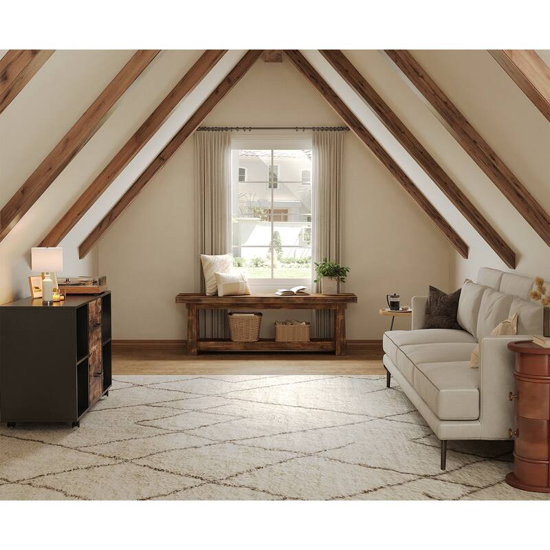 55" Solid Wood Entryway Bench with Shoe Storage, Charred Wood Grain