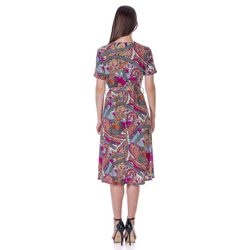 24seven Comfort Apparel Womens Pink Paisley Short Sleeve Tie Waist Midi Dress