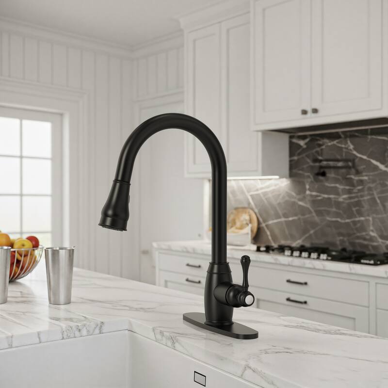 Single Handle Pull Down Sprayer Hot and Cold Kitchen Faucet 360° Spout Swivel with Deckplate