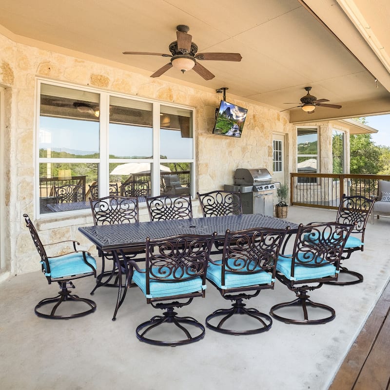 Hanover Outdoor Traditions 9-Piece Dining Set with Eight Swivel Dining Chairs and a Large 84 x 42 in. Dining Table