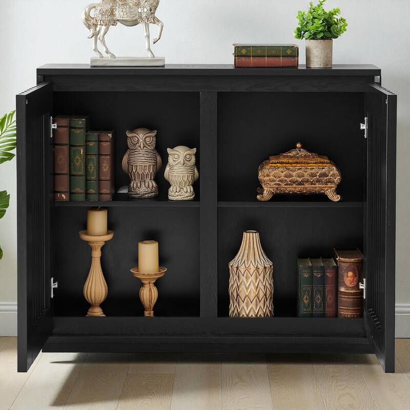 Mid-Century Modern Fluted Sideboard Cabinet with Outlet Holes, Solid Wood Buffet Storage Cabinet for Living Room