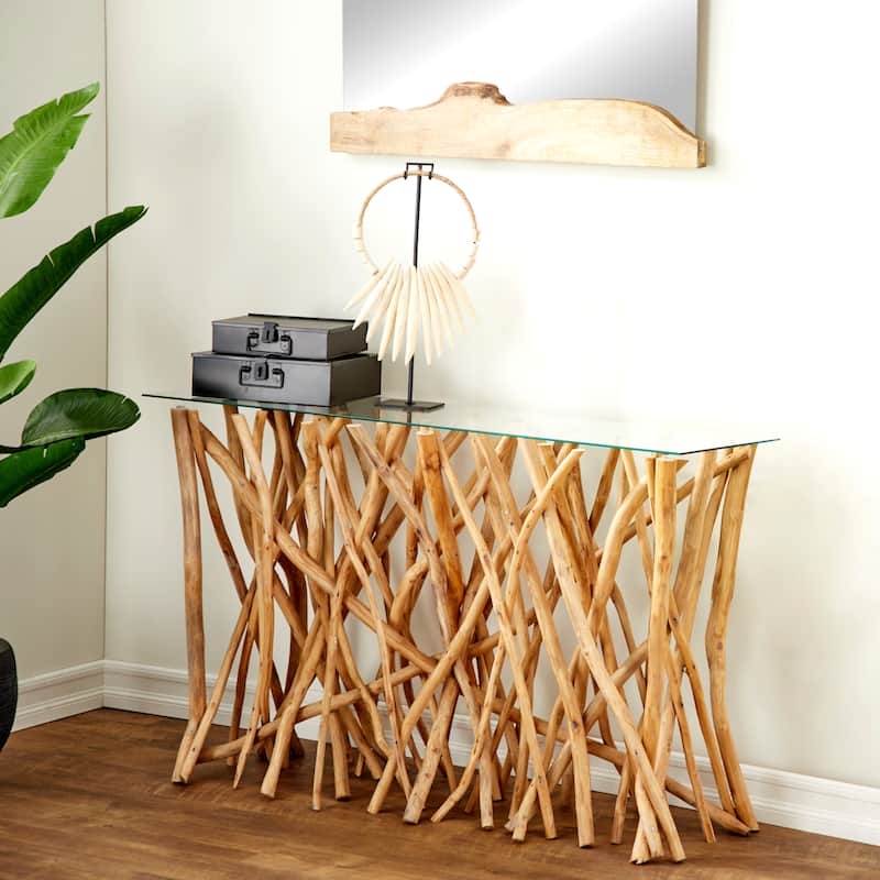 Teak Wood Handmade Tree Branch Console Table with Clear Glass Top - Brown - Roche River Decor - 16"W x 51"L x 30"H
