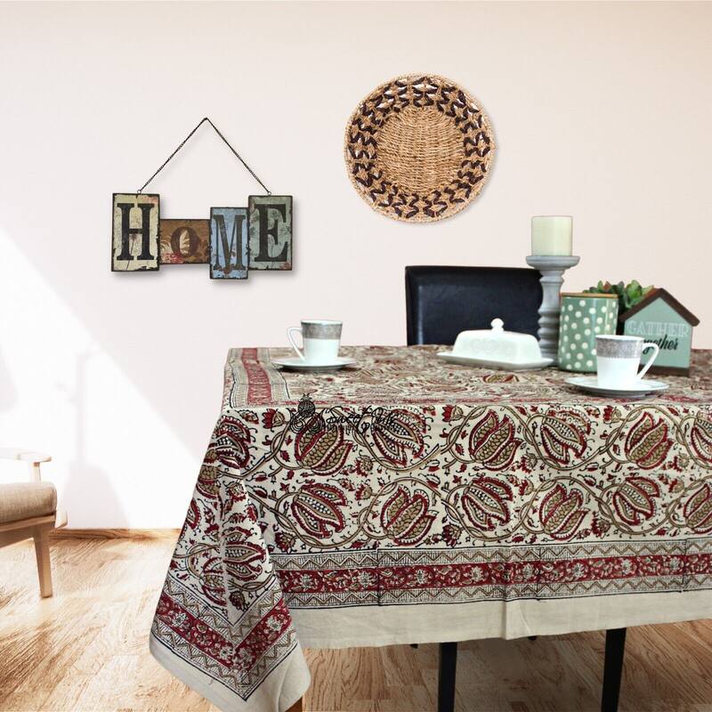 Cotton Vegetable Dye Block Print Rustic Vintage Floral Tablecloth