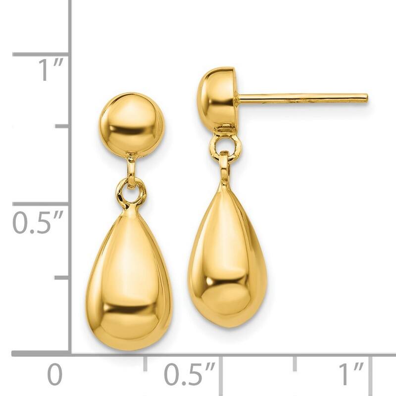 Curata 14k Yellow Gold Polished Teardrop Post Dangle Earrings (8mm x 21mm)