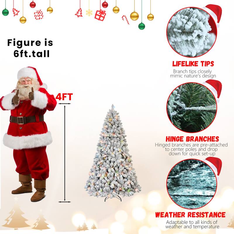 Pre-Lit Flocked Christmas Tree - Colorful UL Lights, Pine Cones, Snowy PVC Tips, Hinged Branches, Metal Stand - Green,White