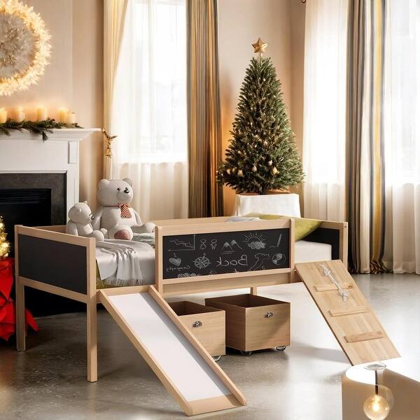 slide 2 of 64, Twin size Loft Bed Wood Bed with 2 Storage Boxes,Pine Wood Frame & Double-sided Chalkboard Loft Bed Natural