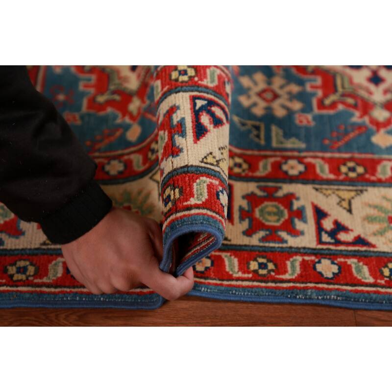 Blue Kazak Foyer Rug Geometric Hand-Knotted Wool Carpet - 2'7"x 4'0"