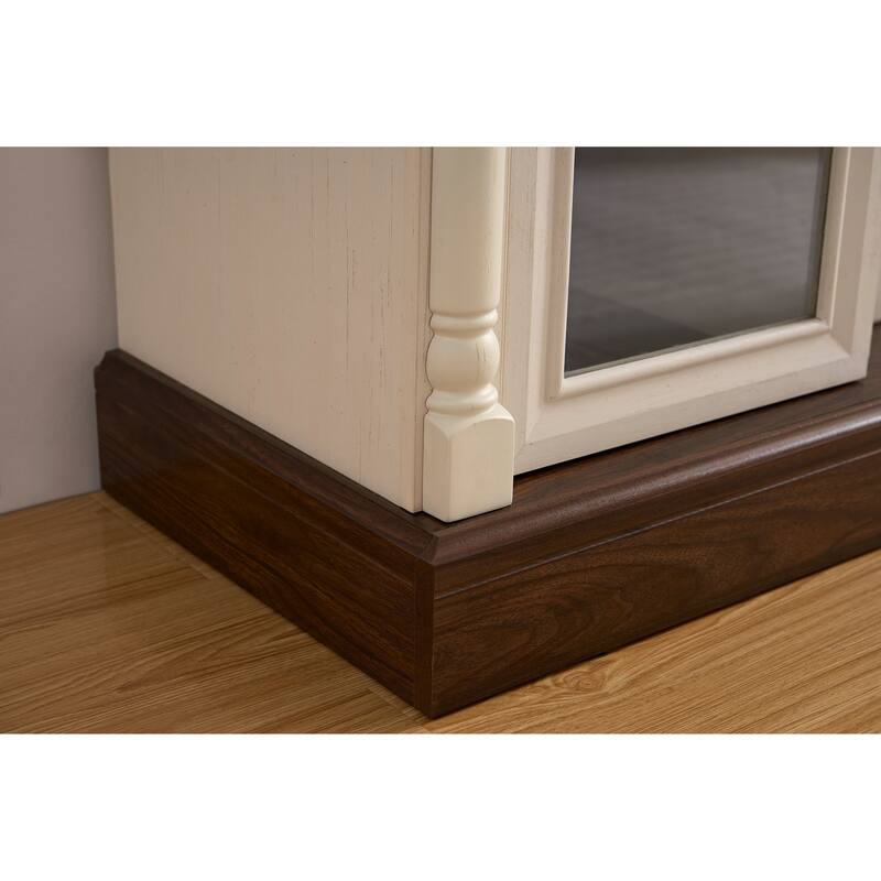 Farmhouse-Style Roman Column Styling Fireplace TV Stand with LED Lights, Glass Door Cabinets and Drawers, for Living Room