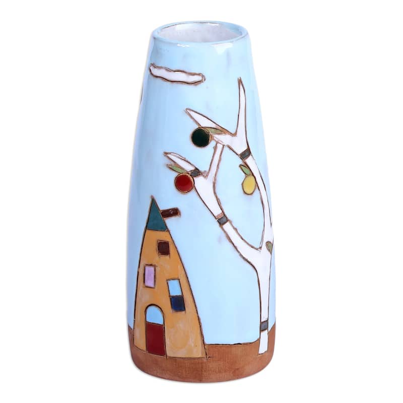 Novica Handmade Pomegranate Tree In Blue Glazed Ceramic Vase