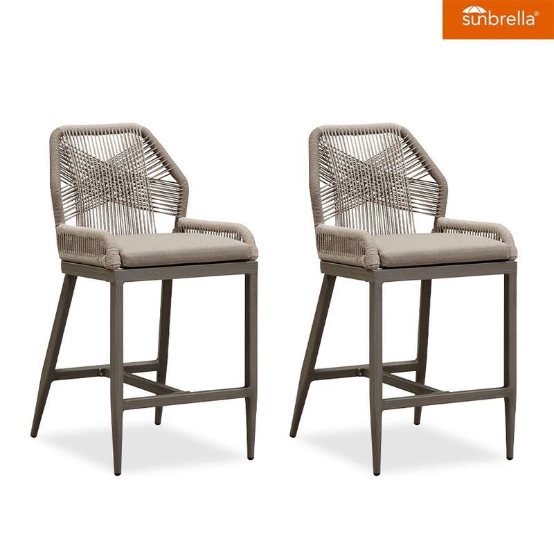 PURPLE LEAF Patio Sunbrella Bar Stools Set of 2 Handwoven Wicker Bar Height Stool Modern Aluminum High Bar Chairs - Light Grey-Taupe(24.8'H)
