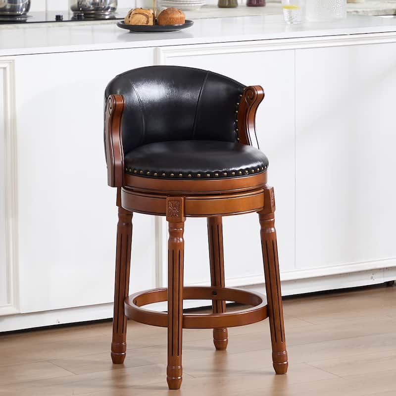 Cow top Leather Wooden Bar Stools, 360 Degree Swivel Bar Chair with Backs, Bar height Couner Height Barstools (1pc) - Black