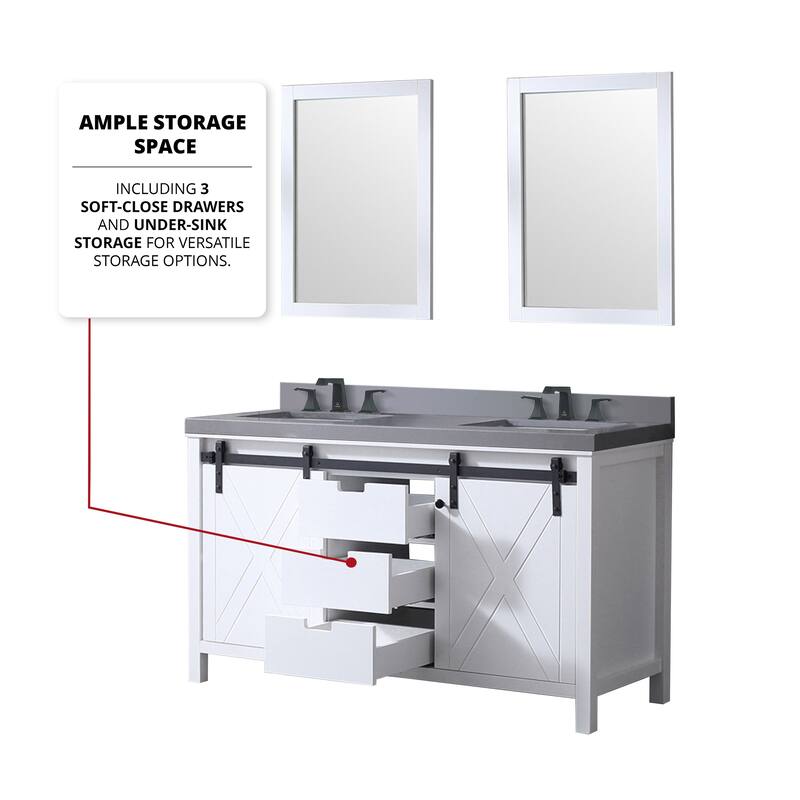 Marsyas 60 in W x 22 in D White Double Bath Vanity, Grey Quartz Countertop and 24 in Mirrors