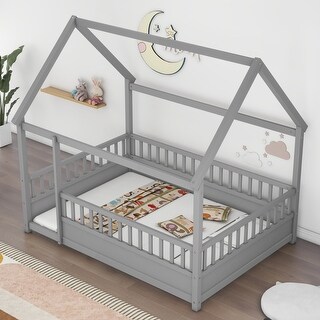 Full Size Floor Wooden Bed with House Roof Frame and Fence Guardrails ...