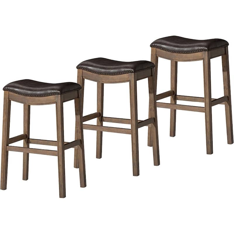 Maven Lane 31" Adrien Saddle Kitchen Bar Height Stool - N/A - Set of 3 - Walnut Vegan Leather