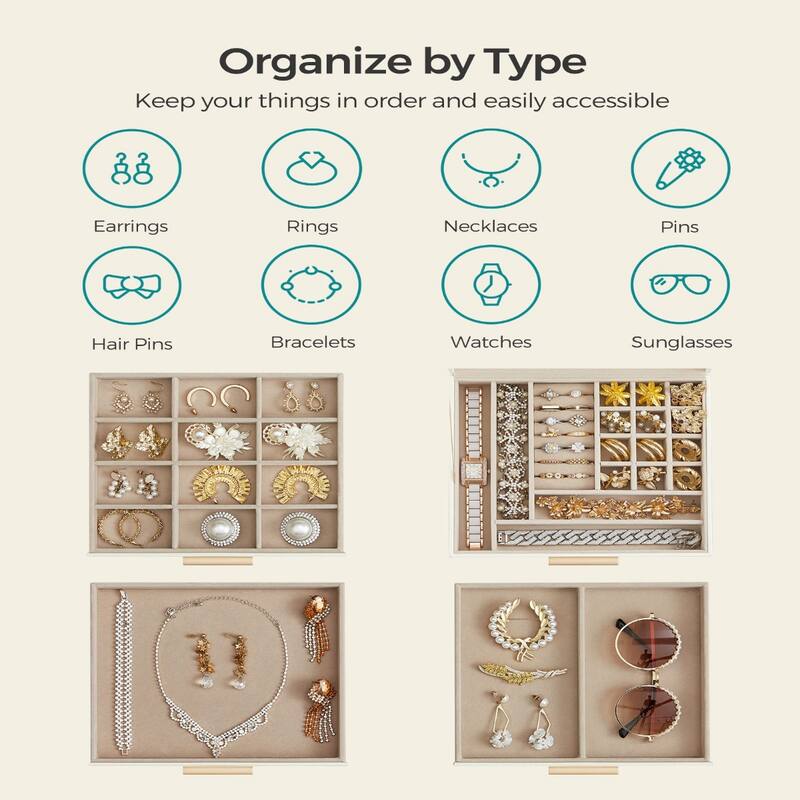 Modern Jewelry Organizer with Multiple Drawers Glass Top and Velvet Interior for Storage
