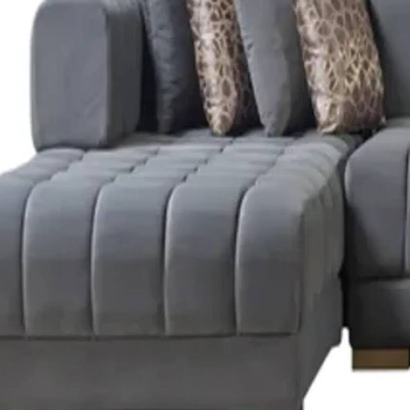 HomeRoots Gray Velvet U Shaped Three Piece Sofa and Chaise Sectional With Toss Pillows