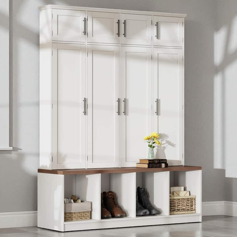 Farmhouse Hall Tree with Walnut Bench, 8 Doors, 4 Hidden Hooks, Entryway Shoe Cabinet with Open Cubbies, 59" Wide - White