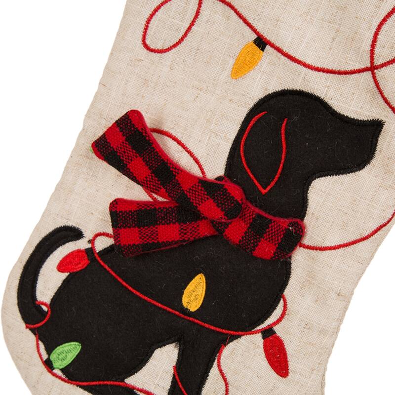 Glitzhome 21"L LED Embroidered Linen Reindeer Cat Dog Christmas Stockings