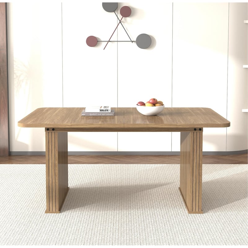 Modern Extendable Dining Table w/Double Pedestal, Wood Kitchen Table Seats 6-10 - N/A - BeigeBrown