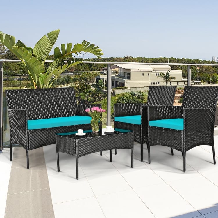 4 Pieces Patio Rattan Cushioned Sofa Set with Tempered Glass Coffee Table - 24" x 23.5" x 33" (L x W x H) - Turquoise