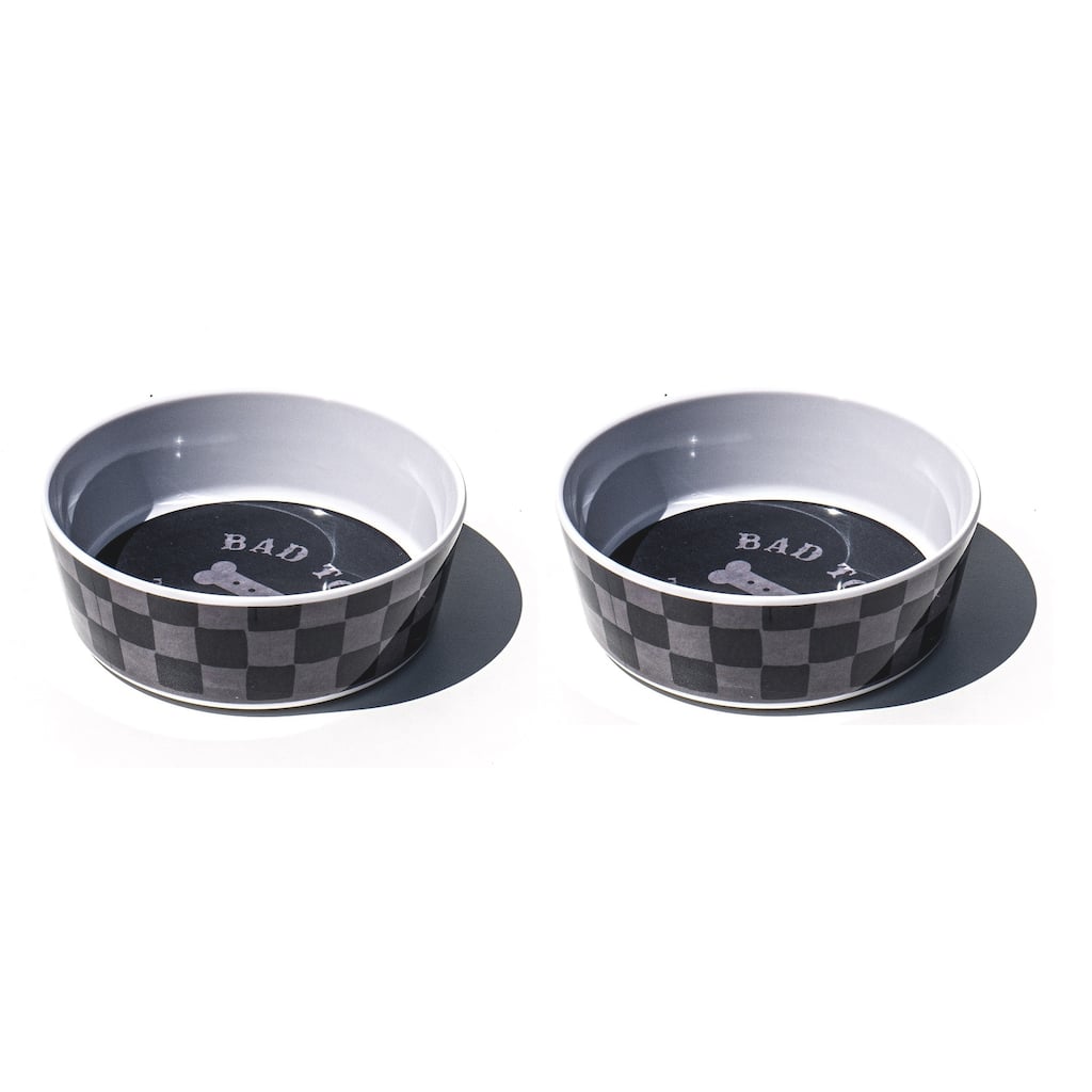 Abode Homewares Bad to the Bone Melamine Pet Bowl - Small - 1.5 Cups - Black - Set of 2