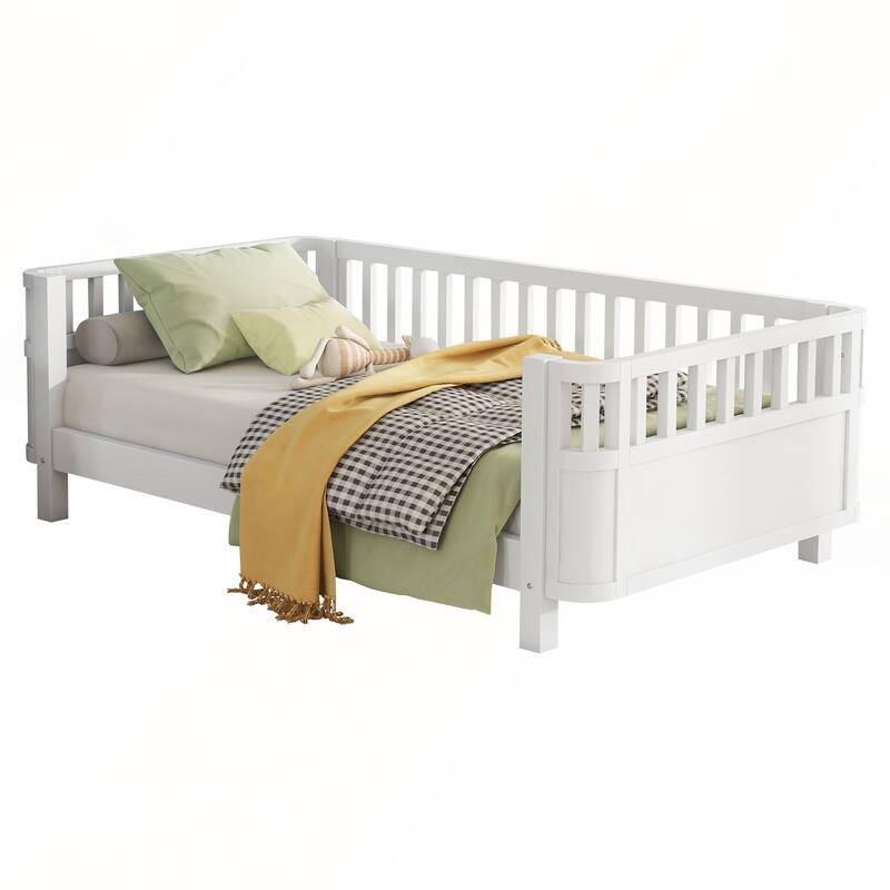 Wood Platform Bed with Rails for Girls and Boys