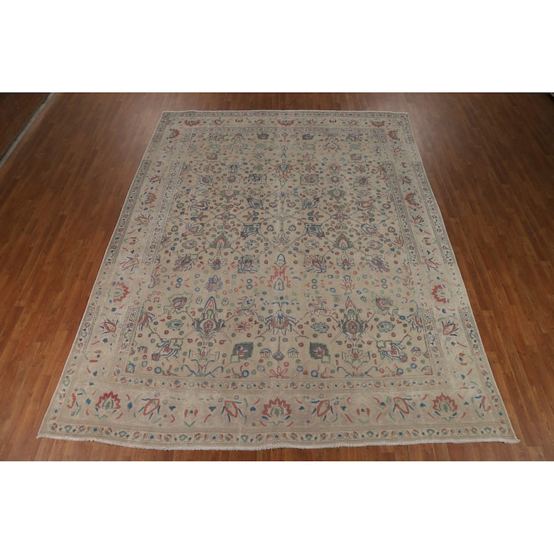 Hand Knotted Oriental 100% Wool Carpet Traditional All-Over Beige & Ivories Tabriz Area Rug - 12' 3'' X 9' 8''