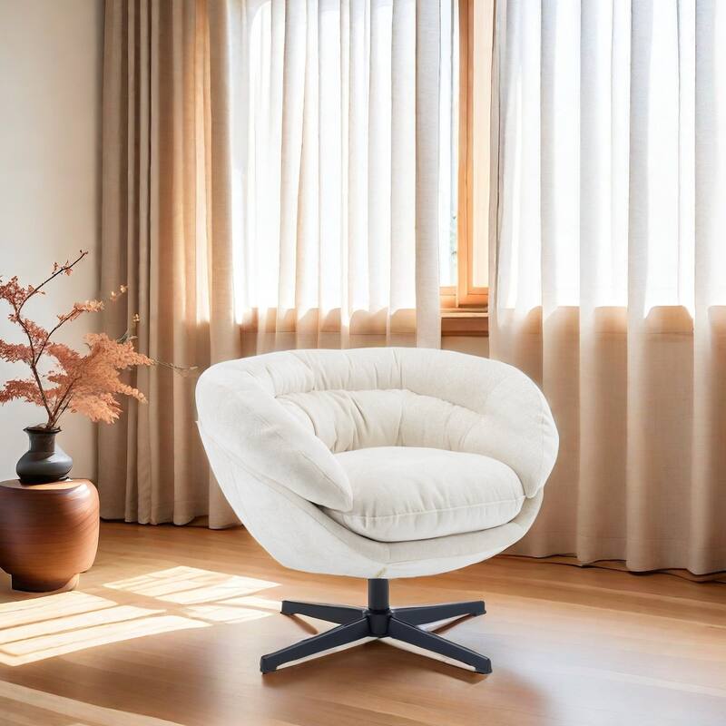 Chenille Upholstered 360° Swivel Club Chair/Accent Chair with Removable Cushion, Round Office Chair with Black Metal Base